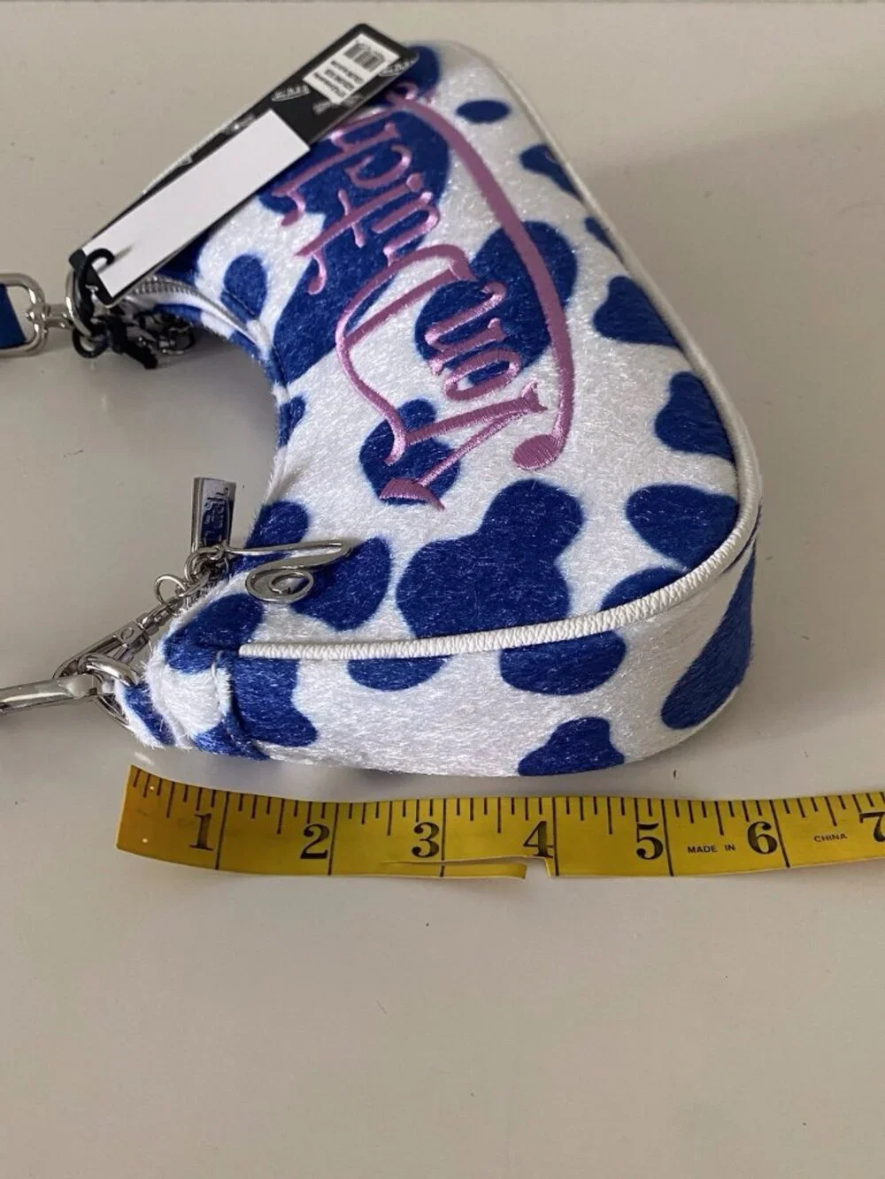 Von Dutch Vegan Pony Hair Blue Cow‎ Print Shoulder Bag W/Charms NEW